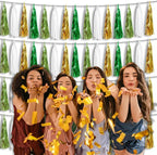 4P Sage-Green Gold Foil Fringe Tassel Banner Garland Metallic Tinsel Streamers Wall Hanging Curtain Backdrop Banners for Parade Floats, 2024 Graduation Decorations, Woodland Party Decoration