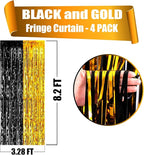 4 Pack Black Gold Foil Fringe Curtain Backdrop, 3.28Ft x 8.2Ft Metallic Tinsel Foil Fringe Streamers Curtains for Photo Booth, Wedding, Graduation, Birthday, Carnival Party Decoration