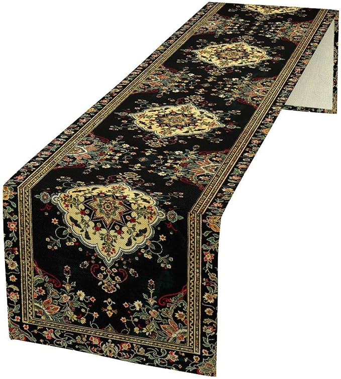 Colorful Boho Flower Table Runner, Vintage Rustic Farmhouse Paisley Hand Drawing Print Pattern for Home Kitchen Table Decor Dining Coffee Room Garden Party Decor 13x36in
