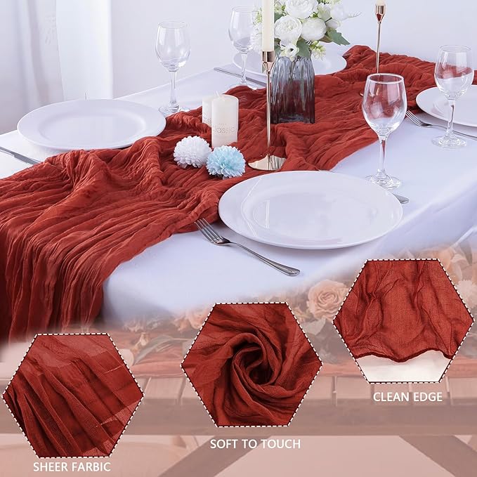 4 Pack Terracotta Cheesecloth Table Runner 35x120 Inch Boho Gauze Fabric Cheese Cloth Table Runner 10Ft Rustic Romantic Sheer Table Runners for Wedding Party Bridal Baby Shower Long Table Decoration