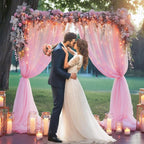 30×10ft Pink Tulle Backdrop Curtain with Lights String for Parties, Sheer Photo Backdrop Curtains for Wedding Party Photography Background