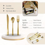 Neatiffy 50 Pack Gold Plastic Silverware Set, Pre Rolled Napkin and Cutlery Set with 50 Forks, 50 Knives, 50 Spoons, 50 Napkins, Utensils, Silverware for Parties, Weddings and Birthdays