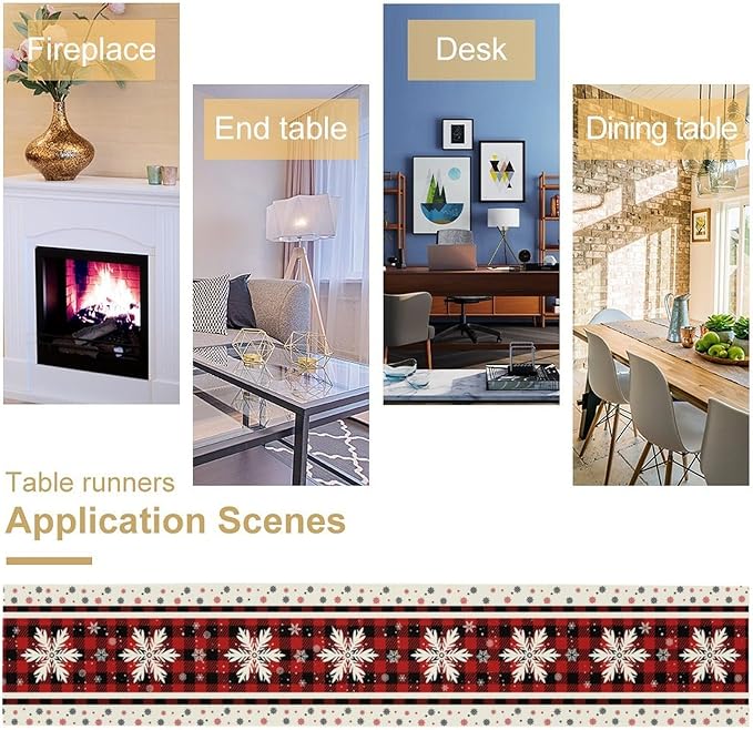 Snowflakes Christmas Table Runner,Red Buffalo Plaid Seasonal Winter Kitchen Dining Table Decoration for Home Party Decor 13x90 Inch