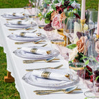 Nervure 350PCS Gold Plastic Plates - Gold Plastic Dinnerware Sets for 50 Guests - 100 Disposable Plates, 150 Silverware, 50 Cups, 50 Napkins for Wedding & Party & Thanksgiving