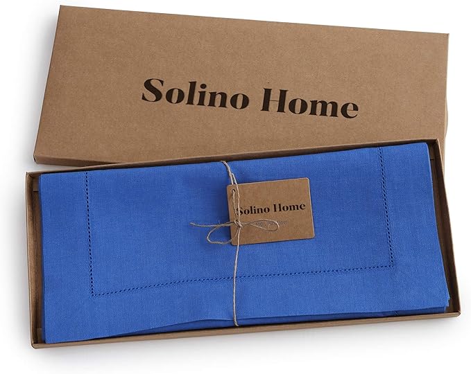 Solino Home Linen Royal Blue Table Runner 132 Inches Long - 100% Pure Linen Extra Long Table Runner 14 x 132 Inch - Classic Hemstitch
