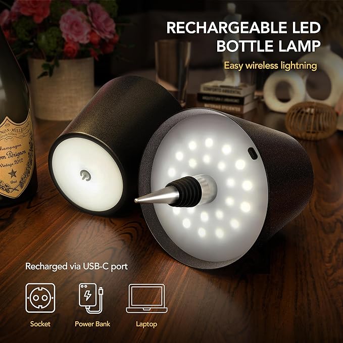 Wireless LED Bottle Lamp - 100% Waterproof, Adjustable Brightness & Light Temperature 3000-6000K, Rechargeable (Mat Gold)