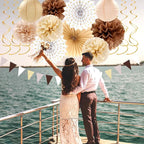Boho Baby-Shower White-Brown Champagne Fall Party-Decorations - 33pcs Banner,Streamers Tassel Garland,Tissue Pom Poms Honeycomb,Paper Lantern Fan,Autumn,Bridal,Christmas,Birthday,Wedding Decor Hugtmr