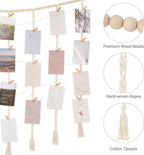 Mkono Macrame Hanging Photo Display Wall Decor with String Lights, Boho Wooden Beads Garland Collage Picture Card Frame Holder with 45 Clips for Bedroom Living Room Dorm, Teen Girls Christmas Gifts