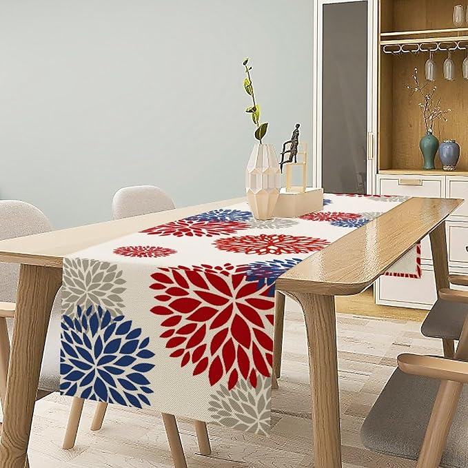 4th of July Table Runner, Blue Red Dahlia Flower American Patriotic Memorial Day Table Runner for Farmhouse Kitchen Dining Table Party Decor, 13x90inch