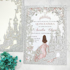 20PCS Castle Pocket Invitations, Quinceanera Invitations with Envelopes, Princess Invitation, Laser Cut quince invites (glitter silver)