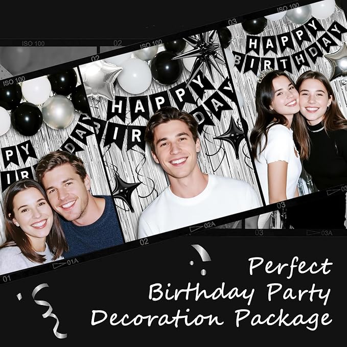 22nd Birthday Decorations for Men Women, Black Silver Happy Birthday Party Decorations， 22 Year Old Party Supplies with Number 22 Balloons, Banner, Fringe Curtains Kit
