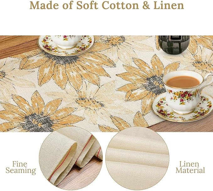 Chrysanthemum Vintage Floral Table Runner, Elegant Grunge Orange Sunflower Spring Summer Elegant Pattern Artichokes Flower Table Runner for Party Kitchen Dining Living Room Decor, 13x36 Inch