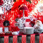 4 Pack 29x108 Inch Metallic Foil Fringe Tinsel Table Skirts for Rectangle Tables Streamer Backdrop for Wedding, Birthday, Parade Floats, Christmas, Halloween Party Decoration(Black Red)