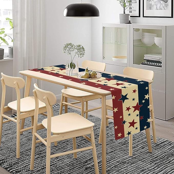 Memorial Day Table Runner, 4th of July American Patriotic Independence Day Stars Stripes Print Table Runne for Summer Holiday USA Home Decoration Party,13x90inch
