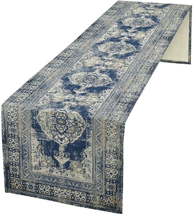 Vintage Boho Floral Table Runner, Rustic Country Farmhouse Blue Teal Retro Flower Pattern for Home Kitchen Table Decor Dining Coffee Room Party Decor 13x72in