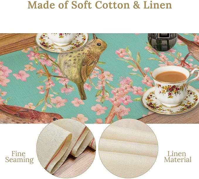 Table Runner with Flowers and Birds, Spring Plant Flowers Table Decoration Linen Table Runner Family Party Party Decorations 13x120 Inches