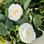 ASTRYAS 2 Pack 6.23Ft Artificial Eucalyptus Garland with Flowers, Fake Rose Garland Greenery Garlands Floral Vines for Wedding Spring Home Party Craft Art Table Runner Decor(White)