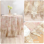 Round Embroidered Lace Tablecloth Vintage Decorative Exquisite Border Table Cover for Party Wedding Home Decorations, Round-70, Pink