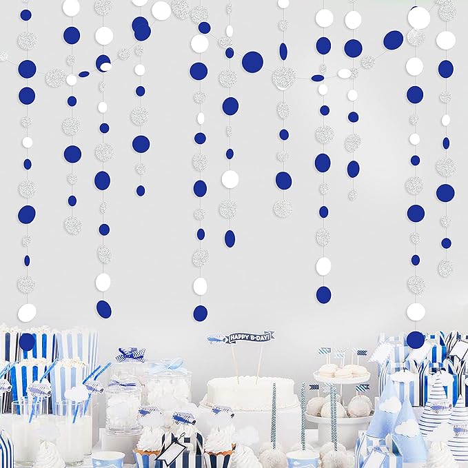 46 Feet Navy Blue White and Silver Circle Dots Garland Royal Blue Hanging Paper Polka Dots Streamer for Birthday Wedding Bridal Baby Shower Nautical Ahoy Achor Pirate Theme Party Decorations Supplies