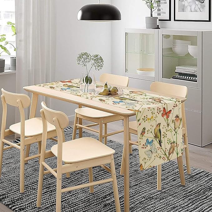 Brown Bird Floral Table Runner Spring Flower Kitchen Table Decoration Suitable for Family Dinner Decoration 13x108 Inch