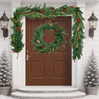 6FT Christmas Garland Artificial Norfolk Pine Tree Greenery, Cedar Cypress with Red Berries Pine Cones, Realistic Winter Holiday Mantel Fireplace Door Table Decor, Indoor Outdoor