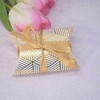 Aokbean 100 Pack Mini Pillow Candy Box Small Gift Boxes with 50 Yards Ribbon for Christmas Wedding Party Favor Gift, Jewelry or Soap Packaging (Gold Stripes)