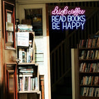 Drink Coffee Read Books Be Happy Neon Sign USB Powered Led Read Books Neon Light for Wall Decor Dimmable Pink Blue Neon Light Up Signs for Classroom Coffee Shop Bookstore Library Museum Study Room(16.5*12.6In)