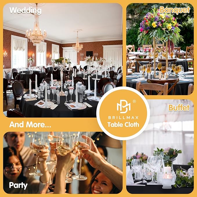 BRILLMAX 4 Pack Black Round Tablecloths 132 Inch - Circle Bulk Linen Polyester Fabric Washable Table Cloth Cover for Wedding Reception Banquet Birthday Party Buffet Restaurant