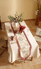 patdrea Designer Idyll Linen Table Runner, Vintage Beige Farmhouse with Ancient Spring Figure and Fruit Trees Pattern Table Mat, Decoration for Kitchen Dining Banquet Christmas ,12"*87"