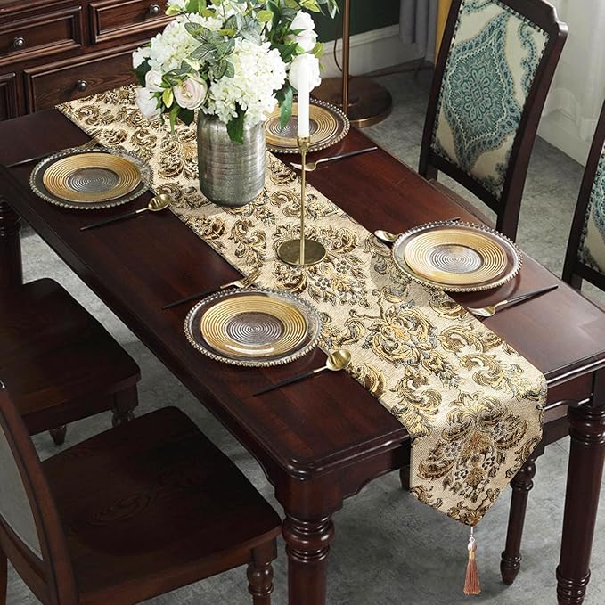 Dazzling Elegant Jacquard Table Runner with Handmade Tassels - Beige (13x84 inch)
