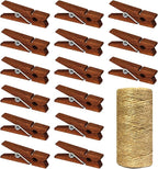 Mini Natural Wooden Clothespins with Jute Twine, 100pcs, 1.4 Inch Photo Paper Peg Pin Craft Clips with 320ft Natural Twine for Scrapbooking, Arts & Crafts, Hanging Photos (Rustic Brown)