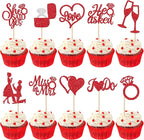 30 PCS He Asked She Said Yes Cupcake Toppers Glitter Engagement Cupcake Toppers Miss to Mrs I Do Love Heart Ring Miss to Mrs Cupcake Picks for Wedding Engagement Party Cake Decorations Supplies Red