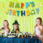 BRAVESHINE Iridescent Foil Fringe Backdrop - 2 Pack 3.2 x 6.5 ft Holographic Tinsel Curtain Party Streamers Photo Backdrop for Birthdays Dinosaur Theme Christmas Patricks Decorations - Clear Green