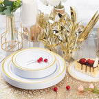 300PCS Gold Plastic Plate Set (50 Guests), Plastic Plates for Party Wedding Birthday, Disposable Dinnerware Set of 100 Plates, 100 Forks, 50 Spoons, 50 Knives for Christmas, Thanksgiving