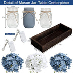Mason Jar Lights Centerpiece Table Decor for Dining Room Farmhouse Coffee Table Decor with Wood Tray Fairy Lights Fake Hydrangea Flowers for Kitchen Living Dining Room - Blue White