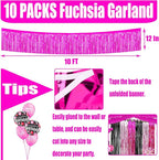 10 Pack 10 Feet Foil Fringe Garland Metallic Tinsel Streamers Banner Wall Hanging Curtain Backdrop for Parade Floats, Bachelorette, Wedding, Birthday, Halloween, Christmas Party Decorations(Fuchsia)