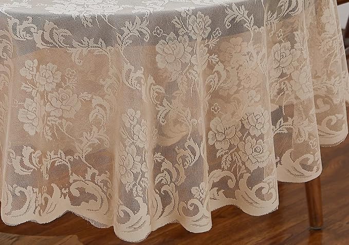 LinenZone Extra Large Linen Round Tablecloth for Rustic Vintage Decor. Sheer Lace Table Cloth Works Great As Wedding Tablecloth or Thanksgiving Table Cover. (Mia 120 Round, Linen)