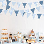 32Ft Dusty Blue Party Decorations Retro Blue Gingham Triangle Banner Flag Pennant Fabric Garland Streamers for Nautical Wedding Birthday Ahoy Achor Bridal Baby Shower Under The Sea Decor Supplies