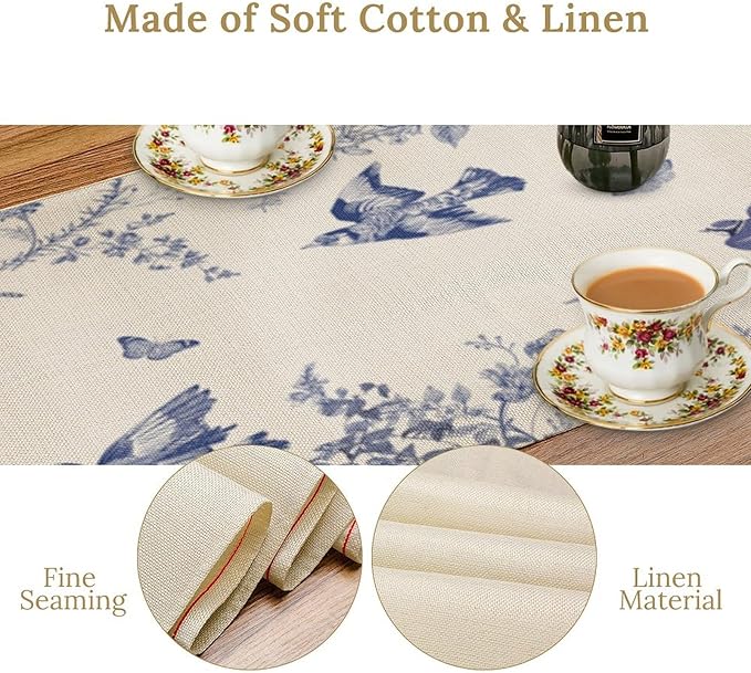 Monochrome Sketch Flowers Bird Table Runner, Seasonal Spring Fall Plants Blue Florals Dinner Runner for Home Kitchen Dining Table Party Holiday Decoration 13"x36"