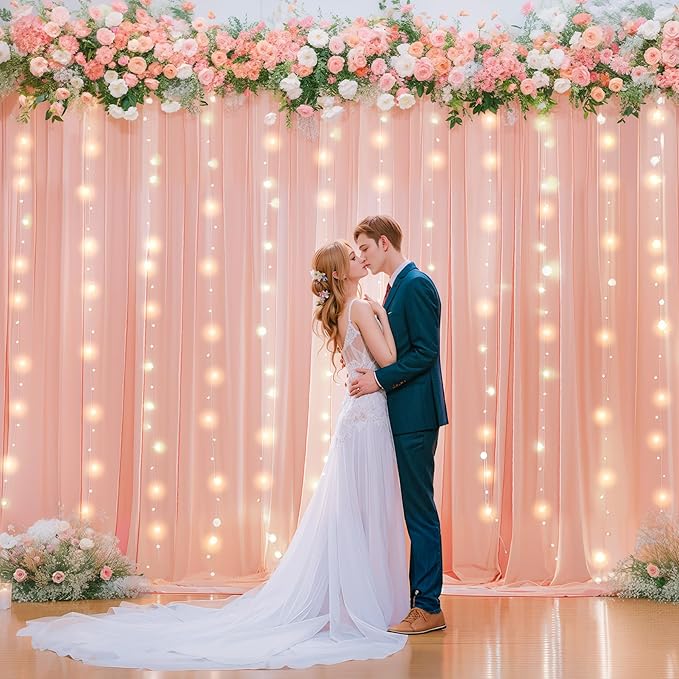 Wish Care 10ft x 10ft Baby Pink Chiffon Backdrop Curtain with Lights String for Parites Wedding Wrinkle Free Curtain Photo Backdrops Drapes for Baby Shower Birthday Party Home Decorations