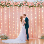 10ft x 7ft Baby Pink Chiffon Backdrop Curtain with Lights String for Parites Wedding Wrinkle Free Curtain Photo Backdrops Drapes for Baby Shower Birthday Party Home Decorations