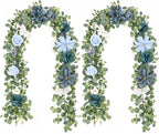 Waipfaru 2Pcs Artificial Eucalyptus Garland with Flowers 6.07Ft, Wedding Table Decorations, Floral Rose Garland for Centerpieces Backdrop Wall Flower Vines for Room Decor (Dusty Blue)