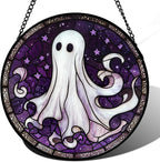 Stained Glass Window Hanging - Halloween Decorations White Ghost Purple Stars Suncatcher for Doors Garden Spooky Funny Sun Catchers Gothic Decor Horror Gifts for Women Men Friend 7.8 in