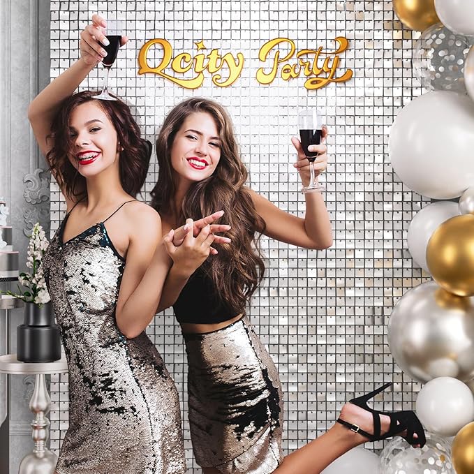 Qcity Matte White Sequin Wall Backdrop 30PCS, Black Back Not See-Through Design, Square Sequin Glitter Backdrop Panel, Perfect for Outdoor Events, Birthdays, Wedding and Party Decoration