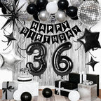 36th Birthday Decorations for Men Women, Black Silver Happy Birthday Party Decorations， 36 Year Old Party Supplies with Number 36 Balloons, Banner, Fringe Curtains Kit