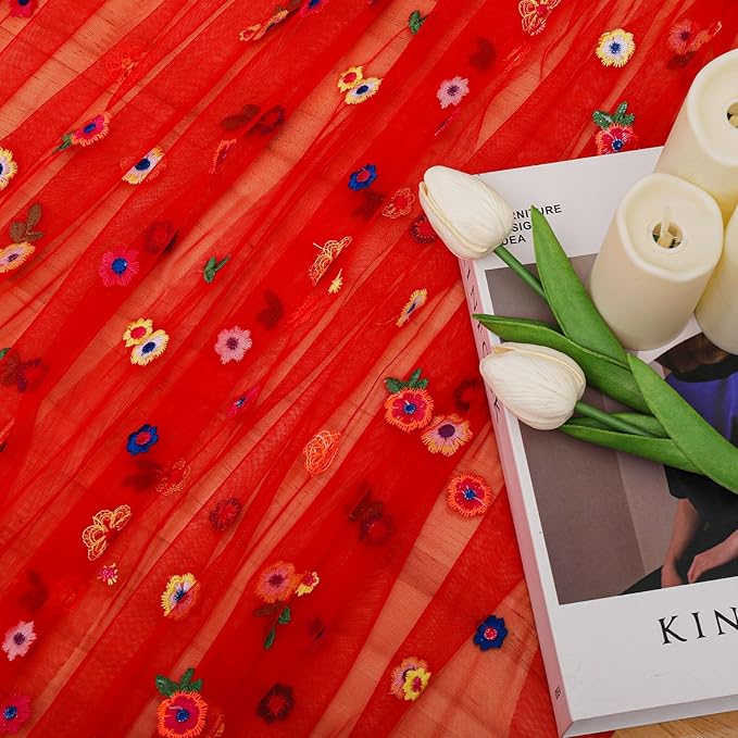 BINBE 6pcs Daisy Fall Table Runner Embroidery Gauze 10FT Florals Seasonal Tulle Holiday Birthday Kitchen Dining Table Decor for Home Party Red