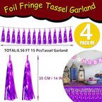 4P Purple Foil Fringe Tassel Banner Garland Metallic Tinsel Streamers Wall Hanging Curtain Backdrop Banner for Parade Floats, 2024 Graduation Decorations, Father's Day Party Decoration