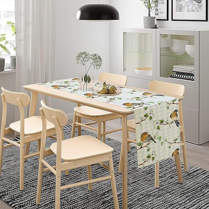 Bird Table Runner,Spring Birds Tree Blue Plaid Print Table Runner for Kitchen Dining Table Decoration Home Party Decor 13x120 Inch