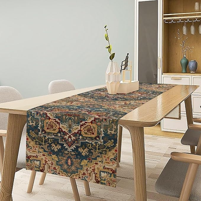 Boho Bohemia Style Table Runner, Country Rustic Farmhouse Vintahe Colorful Geometry Print Table Runner for Home Kitchen Dinner Party Holiday Decor, 13x120inch