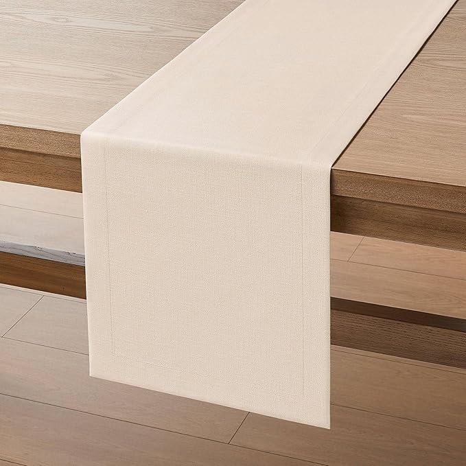 ZeeMart Linen Textured Border Table Runner, 14 x 72 Inch Cream, Farmhouse Style Cream Table Runners 72 Inches Long, Easy Care Everyday Polyester Table Runner